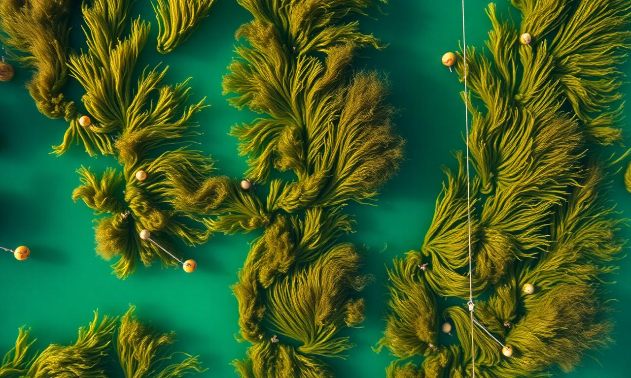 Aerial view of a kelp aquaculture farm with floating buoys